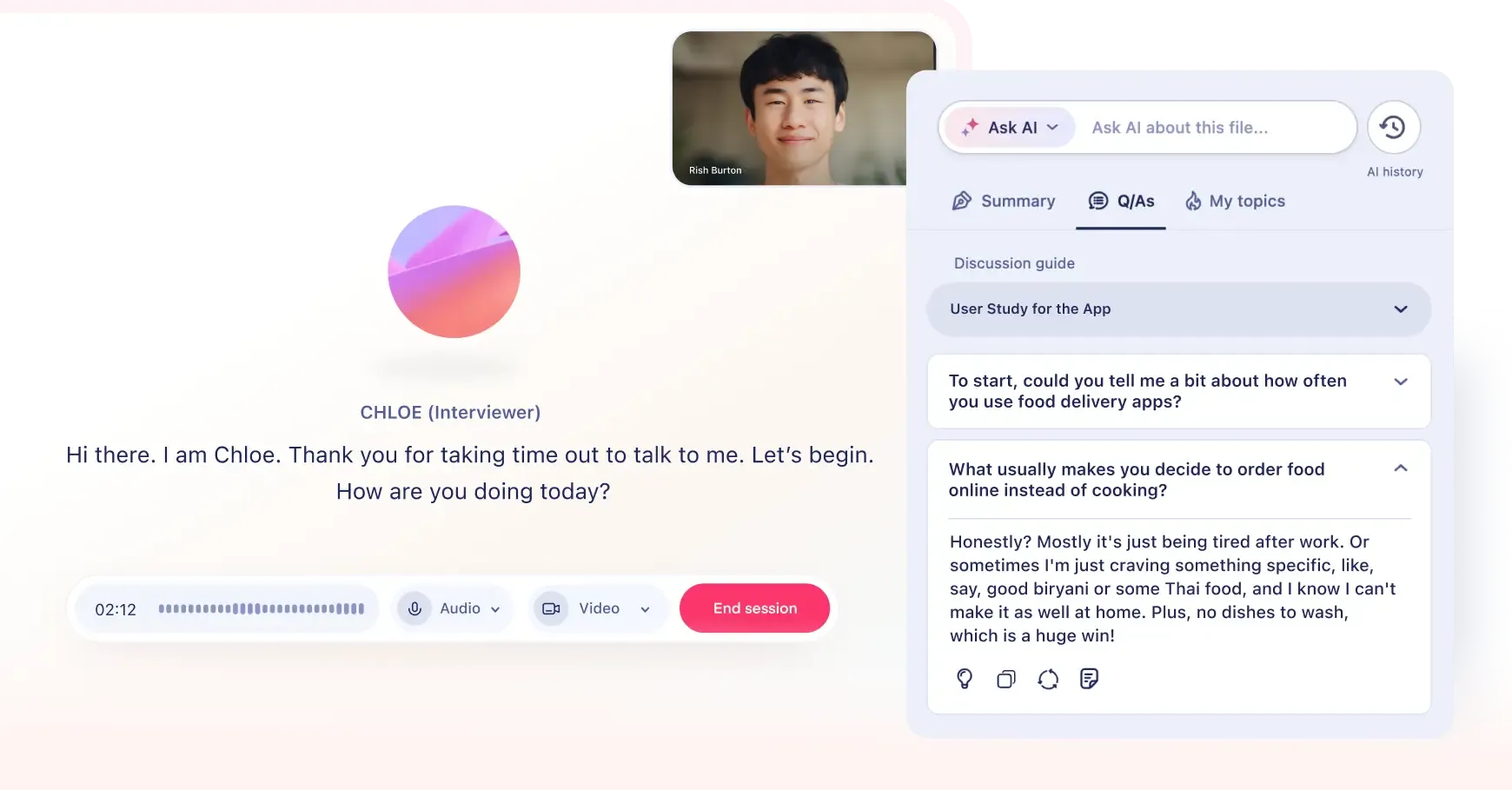 ai moderated interviewer following the discussion guide to ask questions