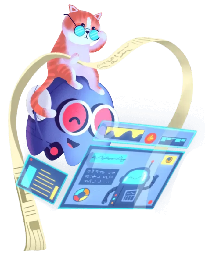 marvin with a cat and data screens.