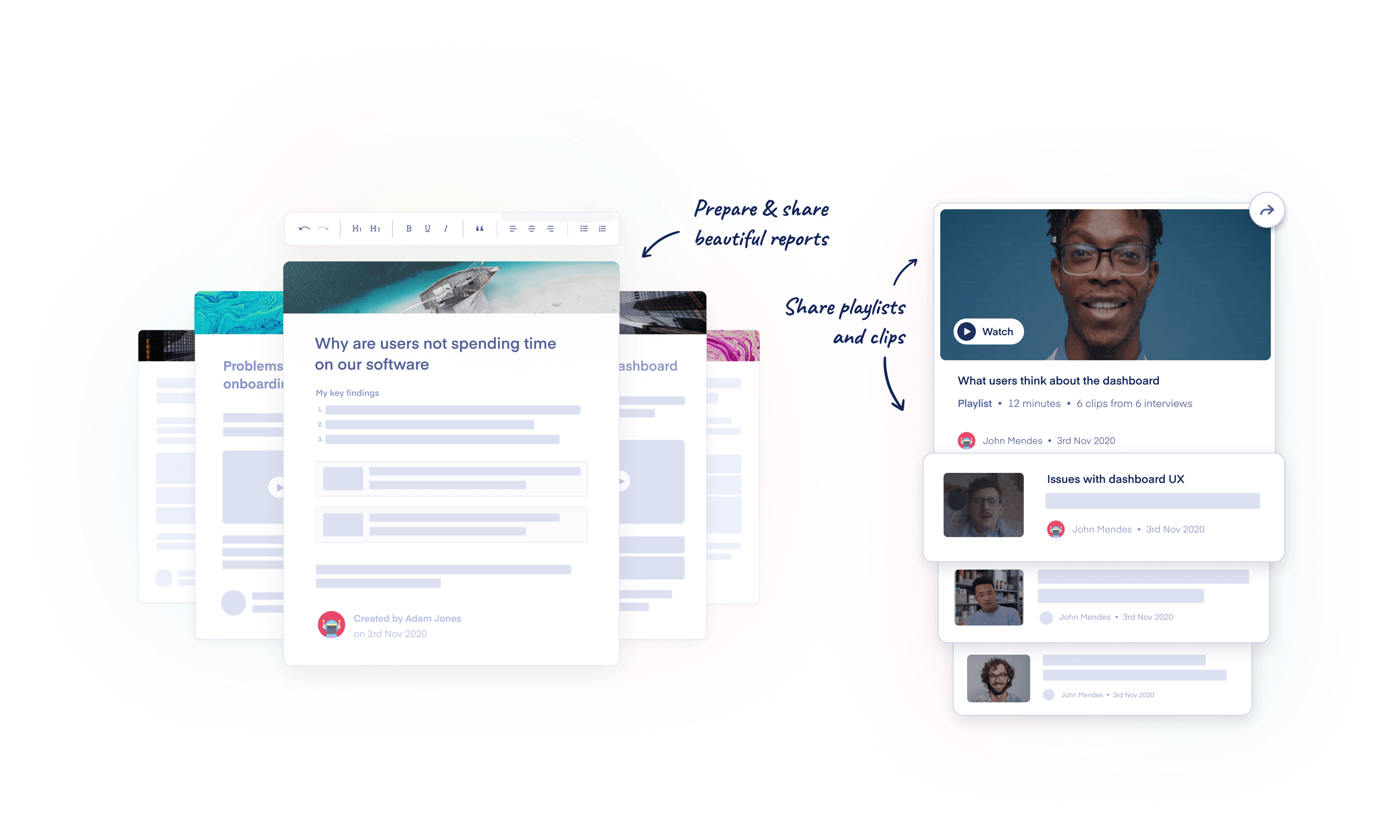 reports docs, clips and playlists